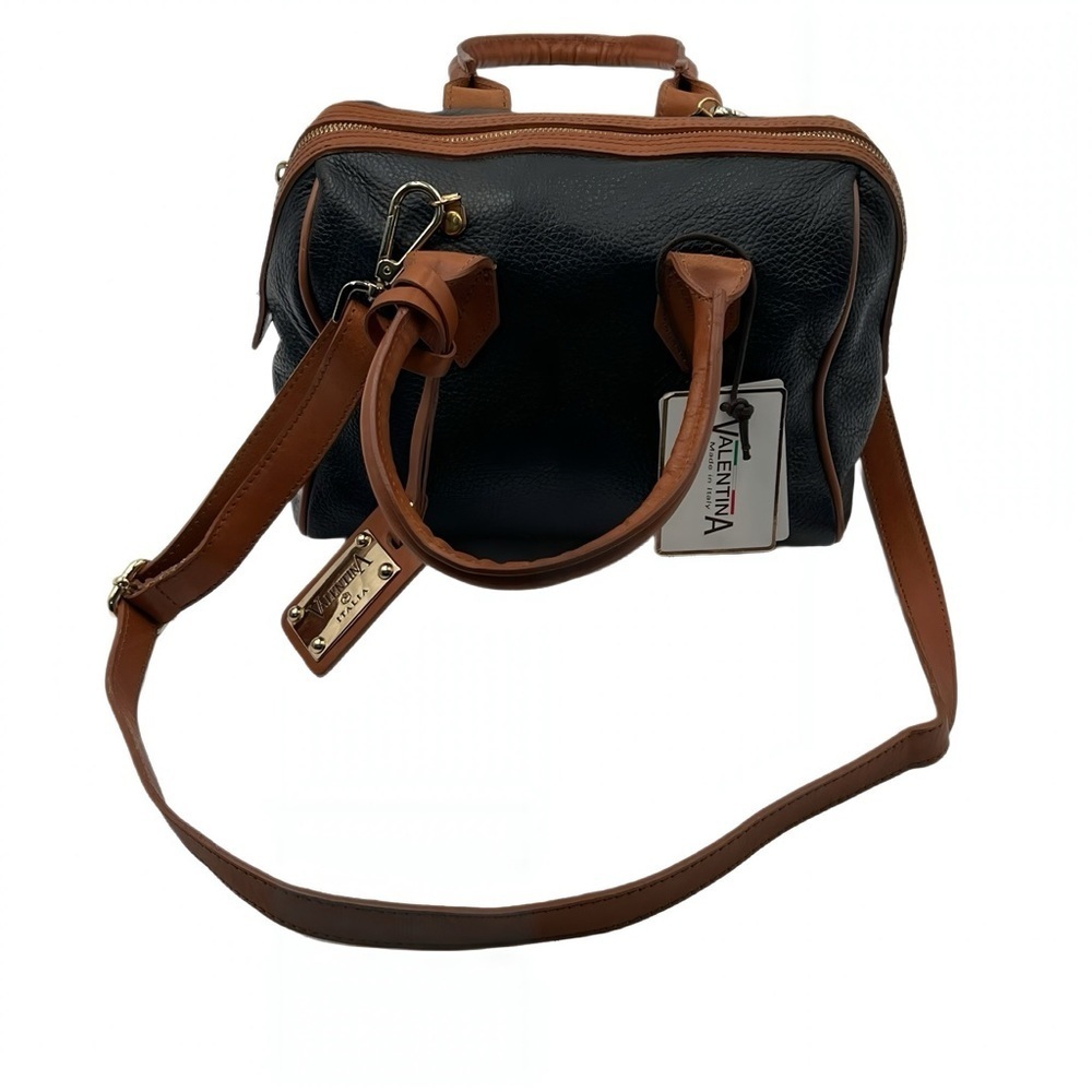 Valentina Pebbled Italian Leather Satchel Bag Navy Tan Top Handle Crossbody - Picture 2 of 14